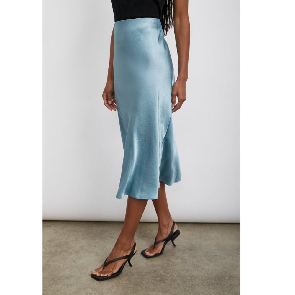 Satin Slip Midi Skirt in Dusty Blue